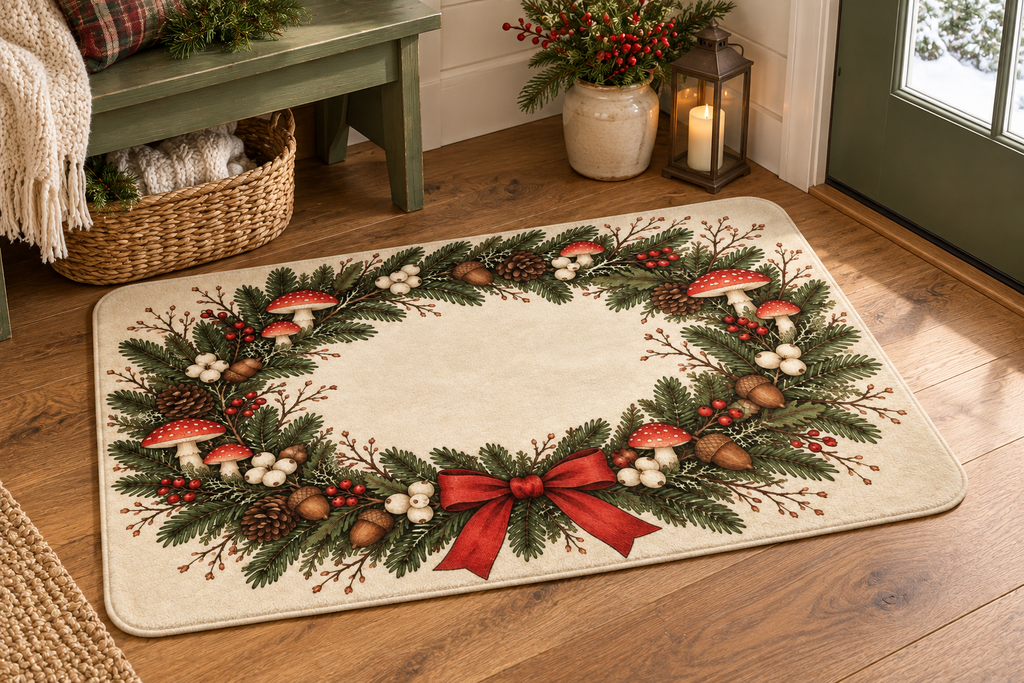 Mushroom Wreath Christmas Printed Floor Mat, lifestyle view 4: Close overhead-oblique view of one mat on a clean pale-wood floor near a cabinet, all four corners in frame, soft side light reveals short flannel nap.