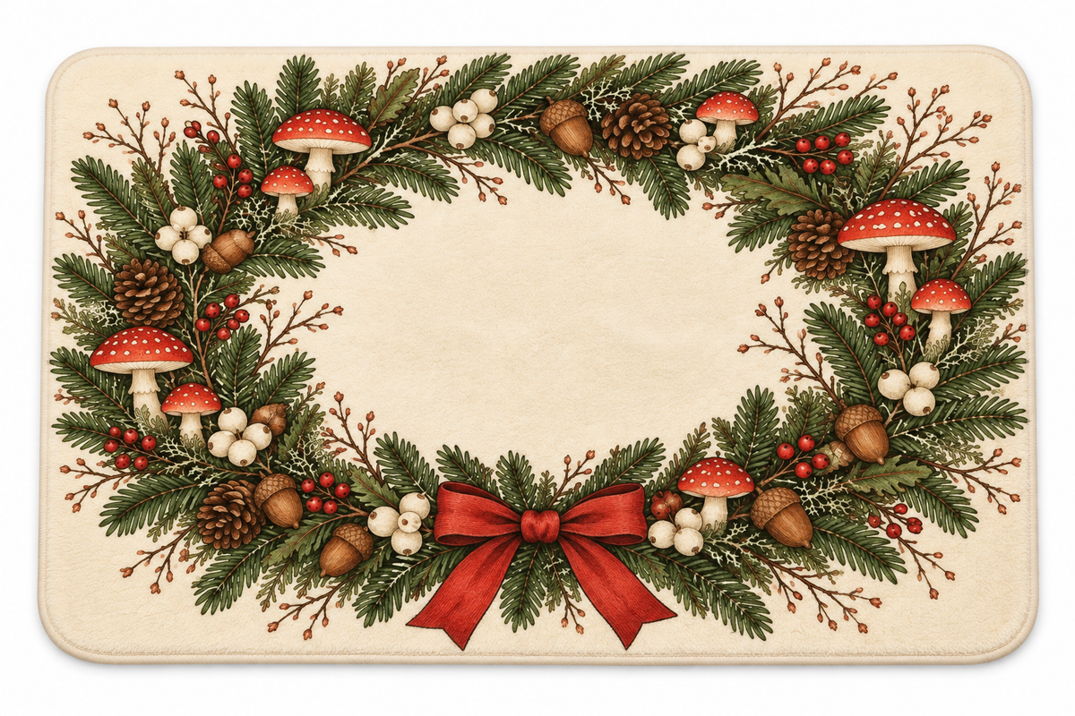Mushroom Wreath Christmas Printed Floor Mat on a white background, showing the complete printed design.