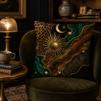 A mystical celestial-themed cushion with an embossed golden sun placed on a dark olive velvet armchair in a vintage study room, next to a classic glass table lamp and antique books.