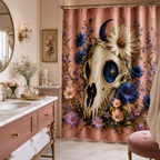Mystical animal skull and wildflowers artwork shower curtain complementing an elegant bathroom with a dusty pink vanity and marble countertop.