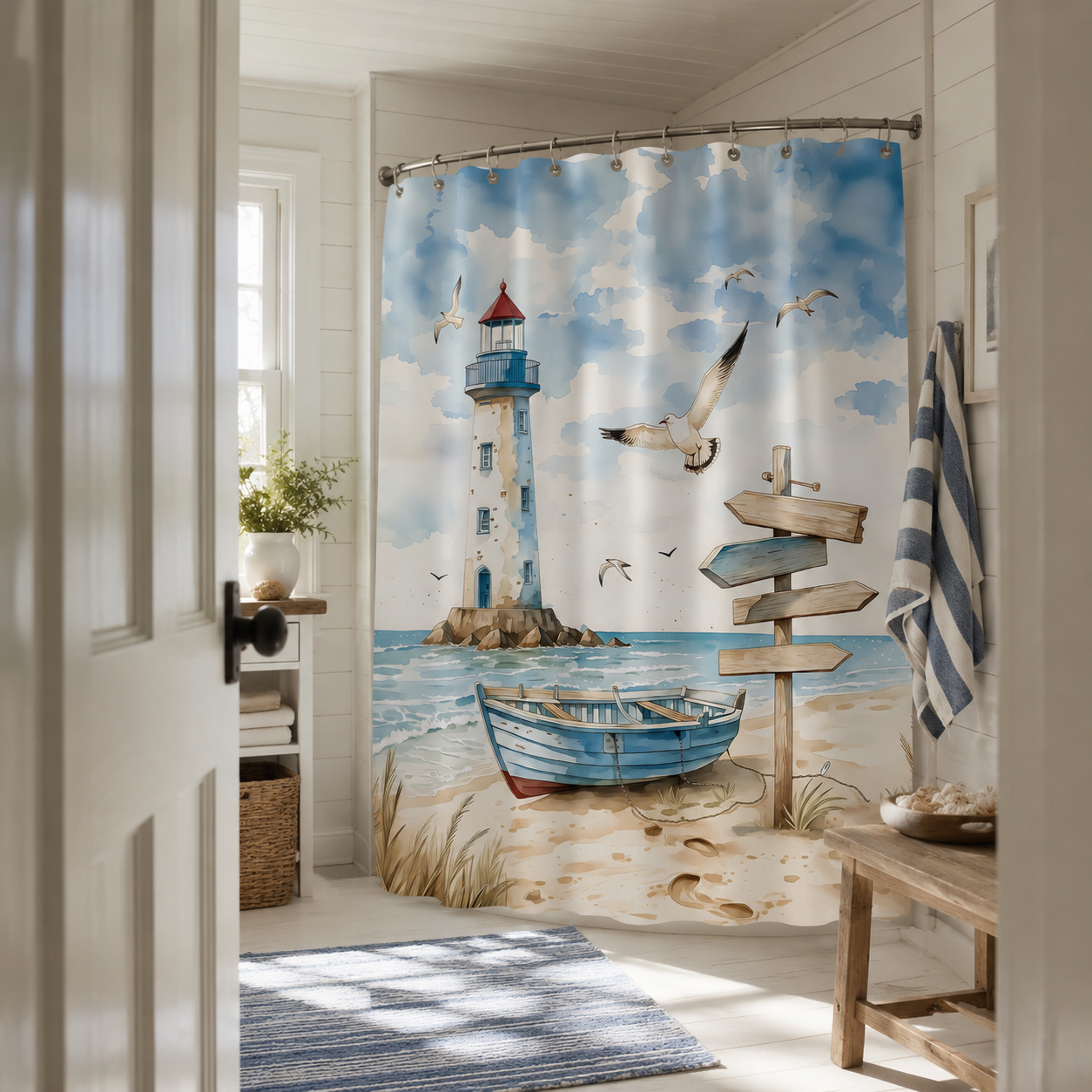 A watercolor coastal lighthouse printed shower curtain viewed through an open white bathroom door, with a blue striped rug on the floor.