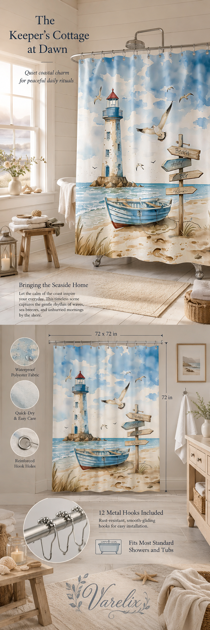 A comprehensive brand marketing infographic titled The Keeper’s Cottage at Dawn for the Varelix shower curtain, showing 72 by 72 inches measurements, waterproof fabric, and metal hooks.