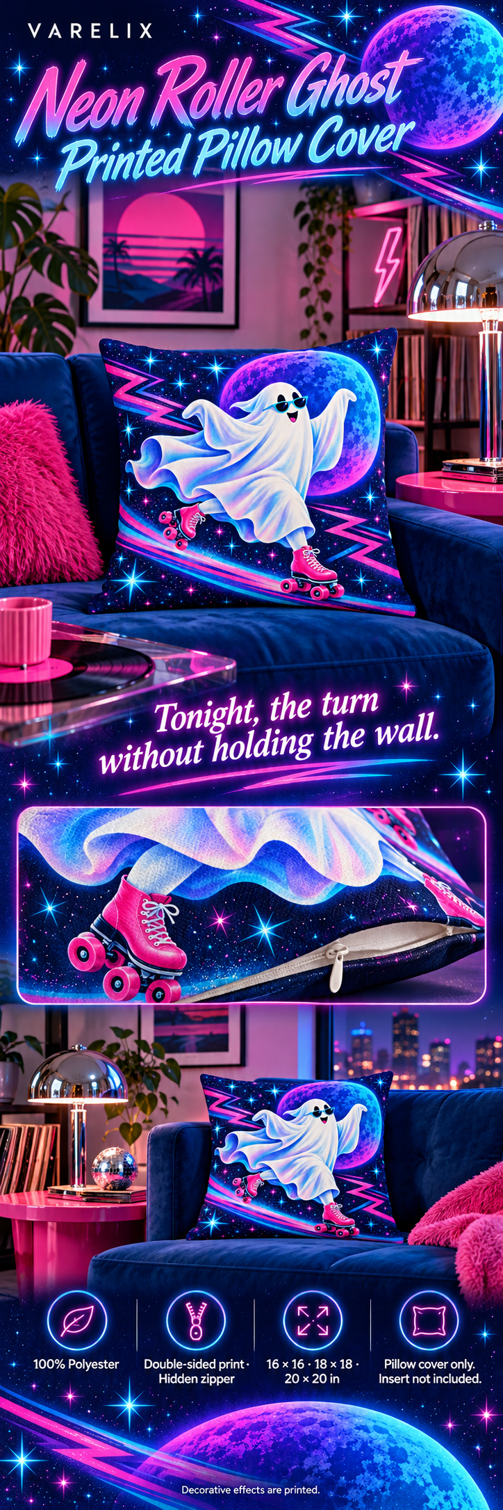 Neon Roller Ghost Printed Pillow Cover by VARELIX, A+ detail poster with verified material, sizes and included items.