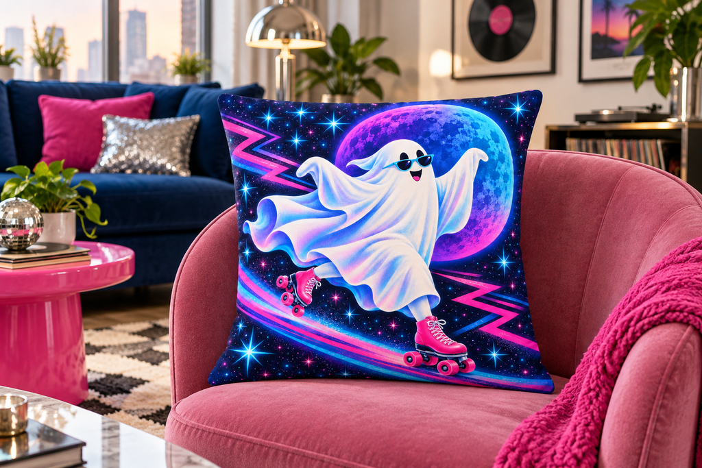 Neon Roller Ghost Printed Pillow Cover, lifestyle view 1: Placed upright on an accent chair, nearly frontal with full print clearly visible; room-wide interior composition.