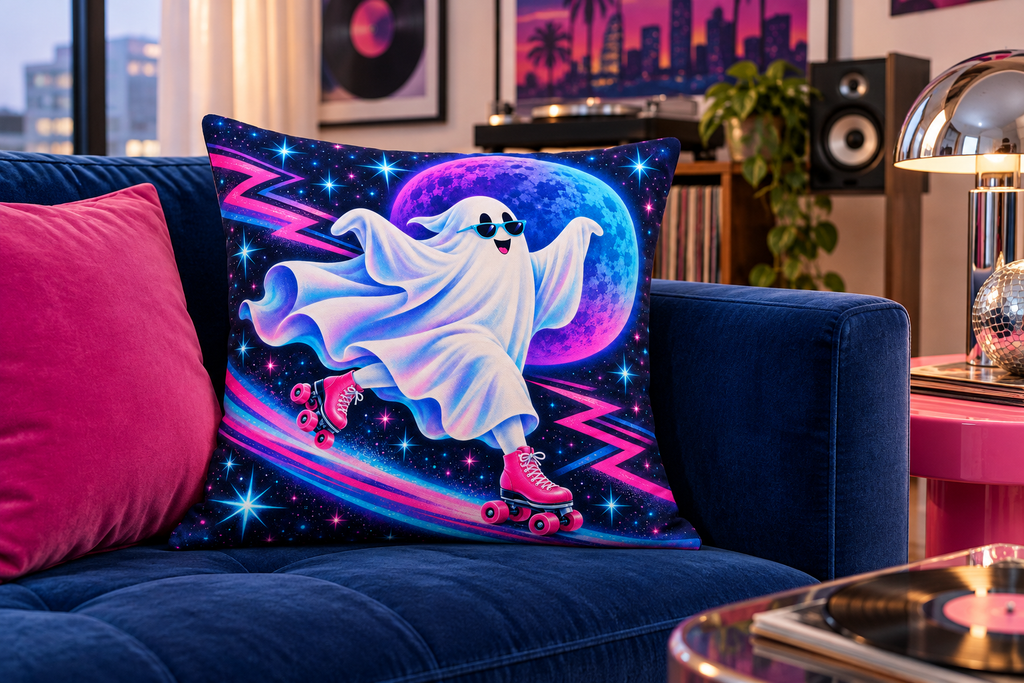 Neon Roller Ghost Printed Pillow Cover, lifestyle view 2: A prominent single pillow on a sofa beside one plain solid-colored cushion; medium interior composition, product fills at least 40 percent of frame.