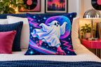 Neon Roller Ghost Printed Pillow Cover, lifestyle view 3: Centered in front of plain pillows on a neatly made guest bed; eye-level composition, believable 18-inch pillow scale.