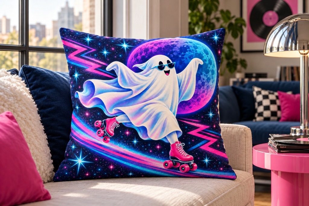 Neon Roller Ghost Printed Pillow Cover, lifestyle view 4: Close editorial view on an indoor window bench, full pillow and all edges visible, gentle side light reveals the real textile texture.