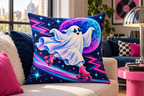 Neon Roller Ghost Printed Pillow Cover, lifestyle view 4: Close editorial view on an indoor window bench, full pillow and all edges visible, gentle side light reveals the real textile texture.
