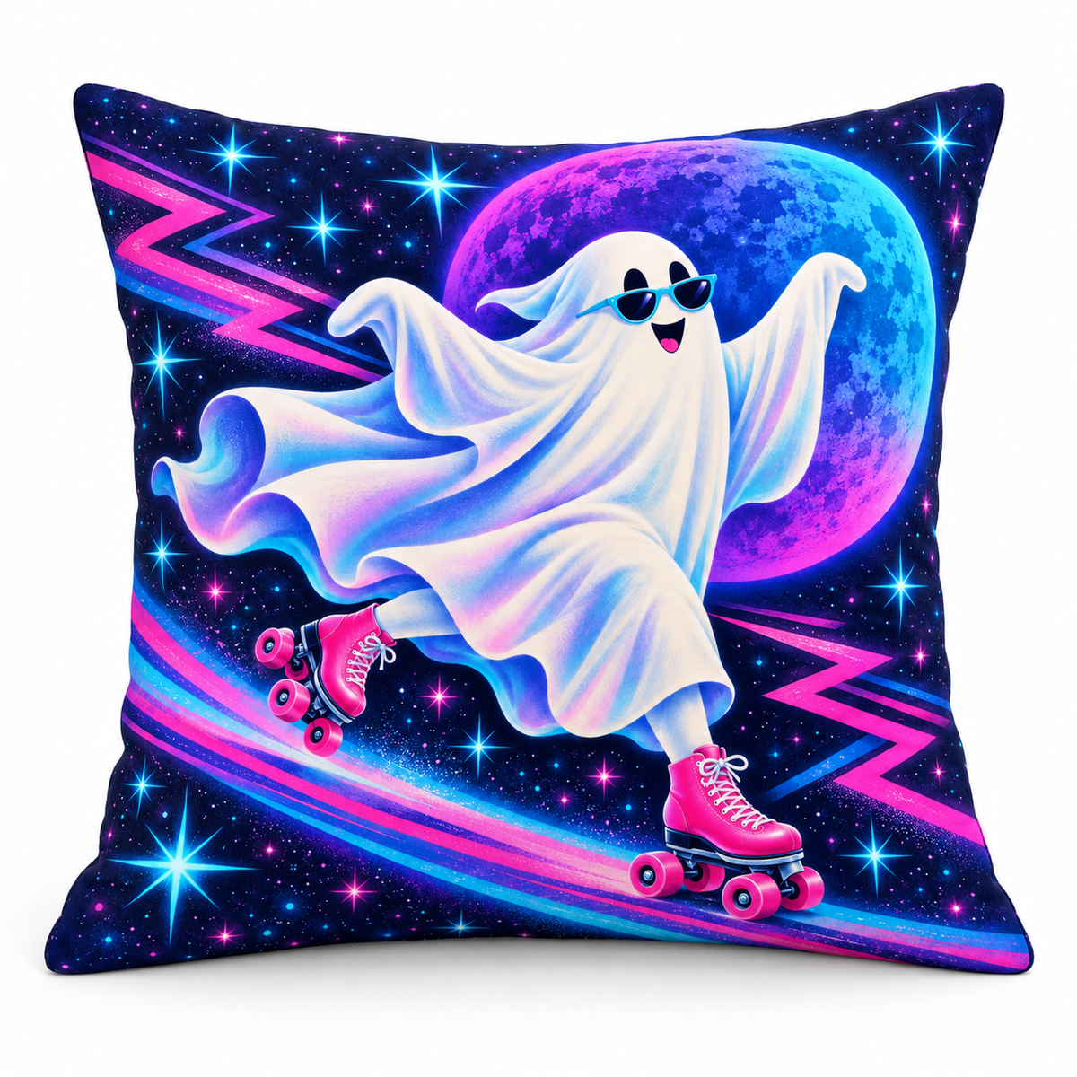 Neon Roller Ghost Printed Pillow Cover on a white background, showing the complete printed design.