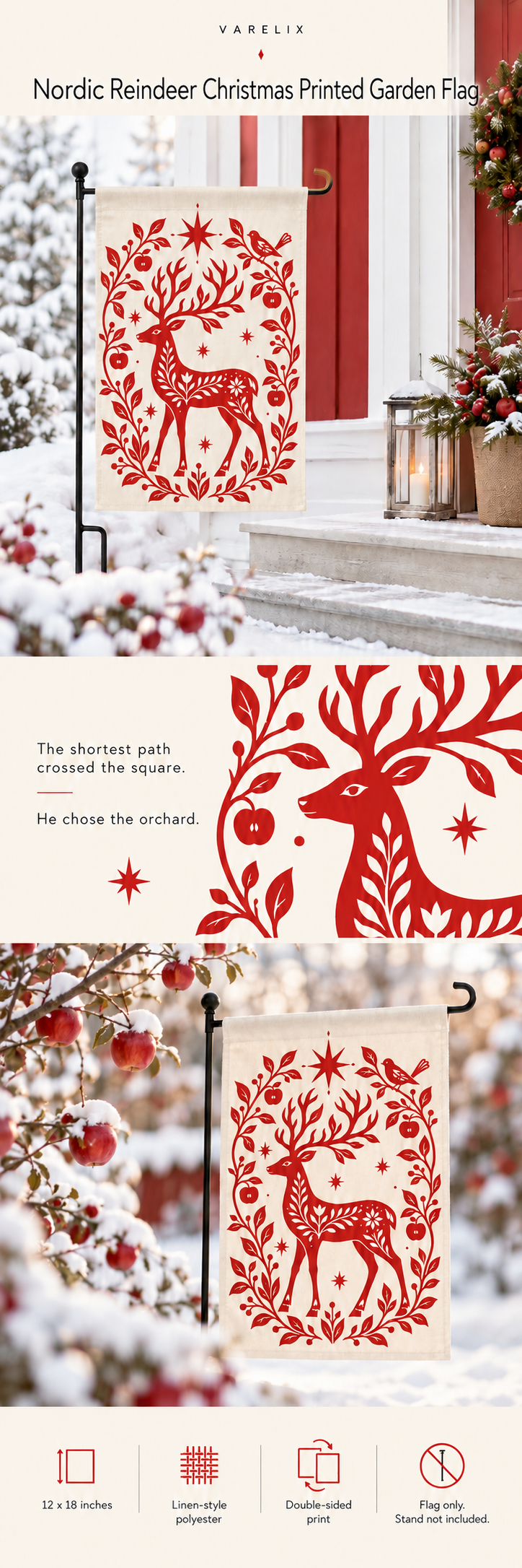 Nordic Reindeer Christmas Printed Garden Flag A+ details showing the printed design, material, available sizes and package contents.