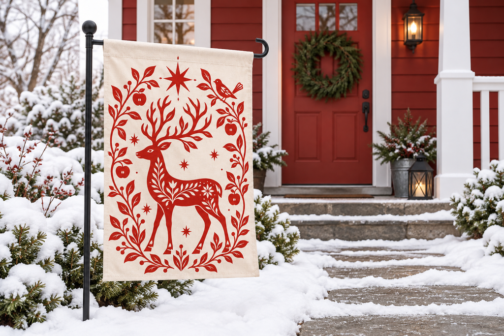 Nordic Reindeer Christmas Printed Garden Flag garden flag, lifestyle view 1: A small red-painted American bungalow porch after a clean fresh snowfall, pared-back Nordic holiday styling, one simple green wreath without bow on the red door.