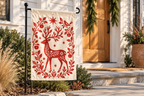 Nordic Reindeer Christmas Printed Garden Flag garden flag, lifestyle view 2: A modern white clapboard house with a natural cedar front door and a minimal evergreen garland.