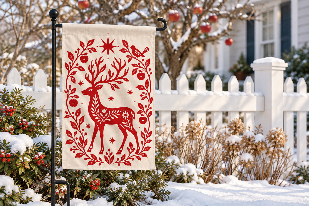 Nordic Reindeer Christmas Printed Garden Flag garden flag, lifestyle view 3: A quiet white picket fence beside a winter garden, bare apple-tree branches softly blurred behind, a few red apples lingering.