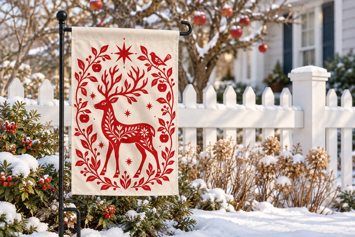 Nordic Reindeer Christmas Printed Garden Flag garden flag, lifestyle view 3: A quiet white picket fence beside a winter garden, bare apple-tree branches softly blurred behind, a few red apples lingering.