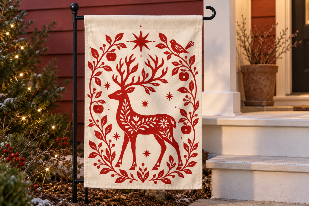 Nordic Reindeer Christmas Printed Garden Flag garden flag, lifestyle view 4: Detail-rich close editorial photograph of the reference garden flag hanging from the exact black left-side stand beside two white porch steps and red-painted siding.
