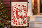 Nordic Reindeer Christmas Printed Garden Flag garden flag, lifestyle view 4: Detail-rich close editorial photograph of the reference garden flag hanging from the exact black left-side stand beside two white porch steps and red-painted siding.