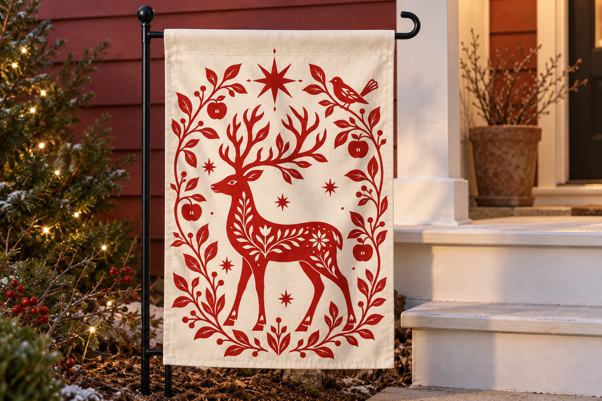 Nordic Reindeer Christmas Printed Garden Flag garden flag, lifestyle view 4: Detail-rich close editorial photograph of the reference garden flag hanging from the exact black left-side stand beside two white porch steps and red-painted siding.