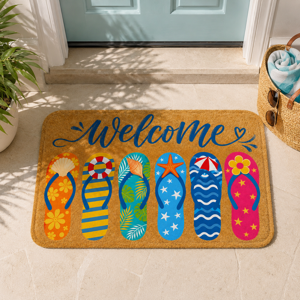 A summer flip-flop welcome mat styled at a sunny home entrance next to a beach towel basket and sunglasses, evoking an ocean breeze vibe.