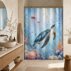 Coastal style sea turtle and jellyfish shower curtain paired with a rustic wooden vanity cabinet and a natural stone vessel sink.