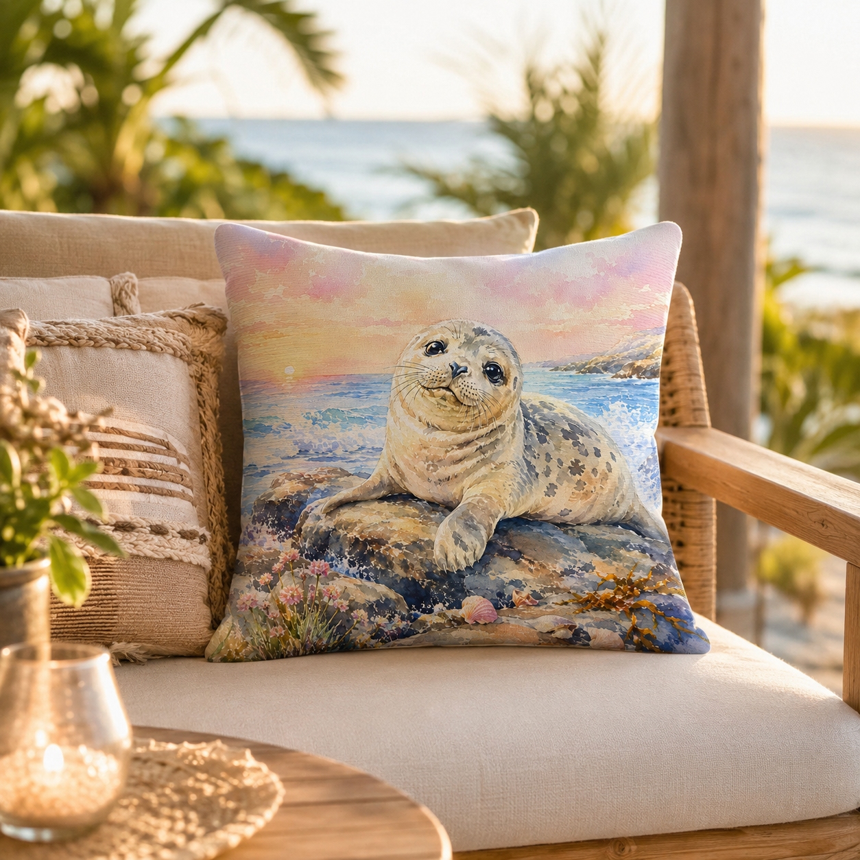 A decorative ocean-themed throw pillow with a cute seal design, styled on a wooden outdoor patio sofa with a golden sunset beach view background.