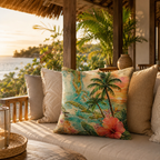 A coastal resort-style tropical map cushion styled on an outdoor patio sofa overlooking the ocean during a golden sunset.