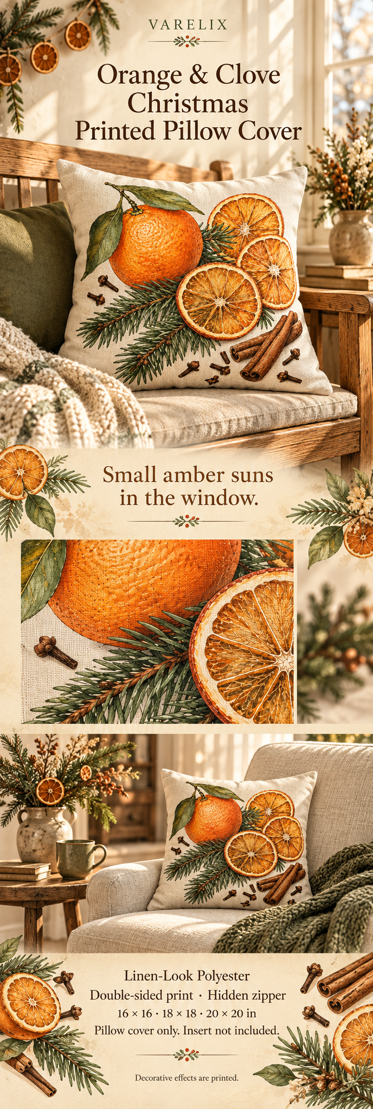 Orange & Clove Christmas Printed Pillow Cover by VARELIX, A+ detail poster with verified material, sizes and included items.