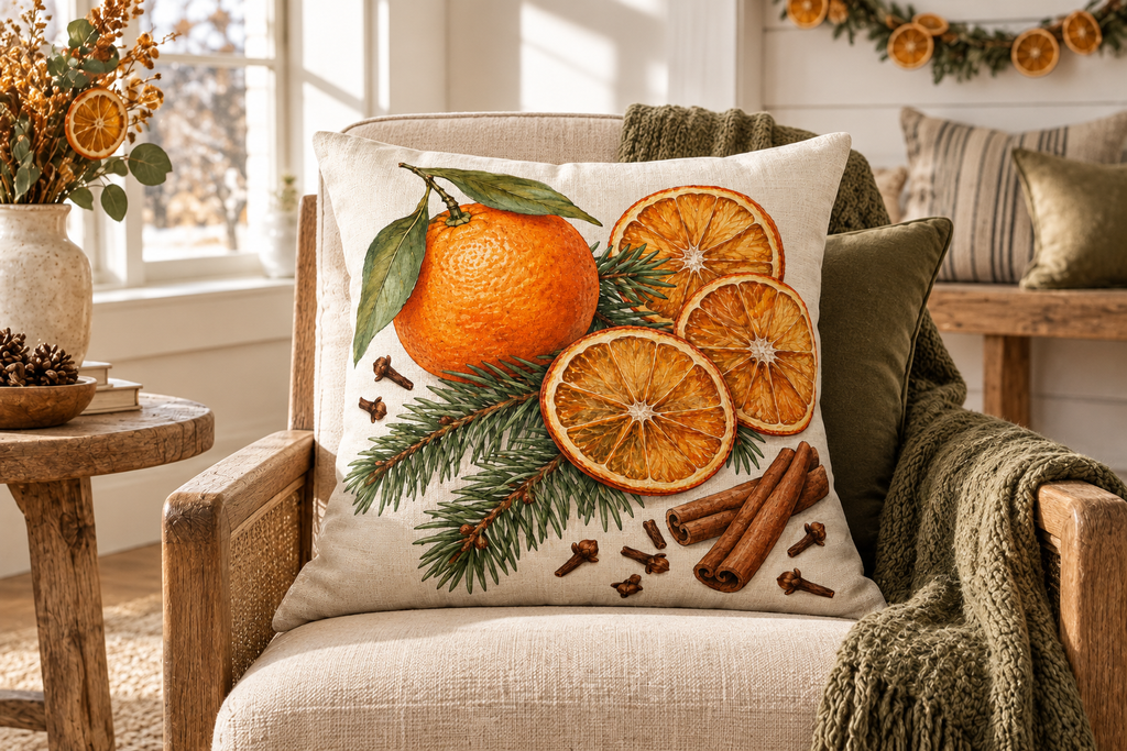 Orange & Clove Christmas Printed Pillow Cover, lifestyle view 1: Placed upright on an accent chair, nearly frontal with full print clearly visible; room-wide interior composition.