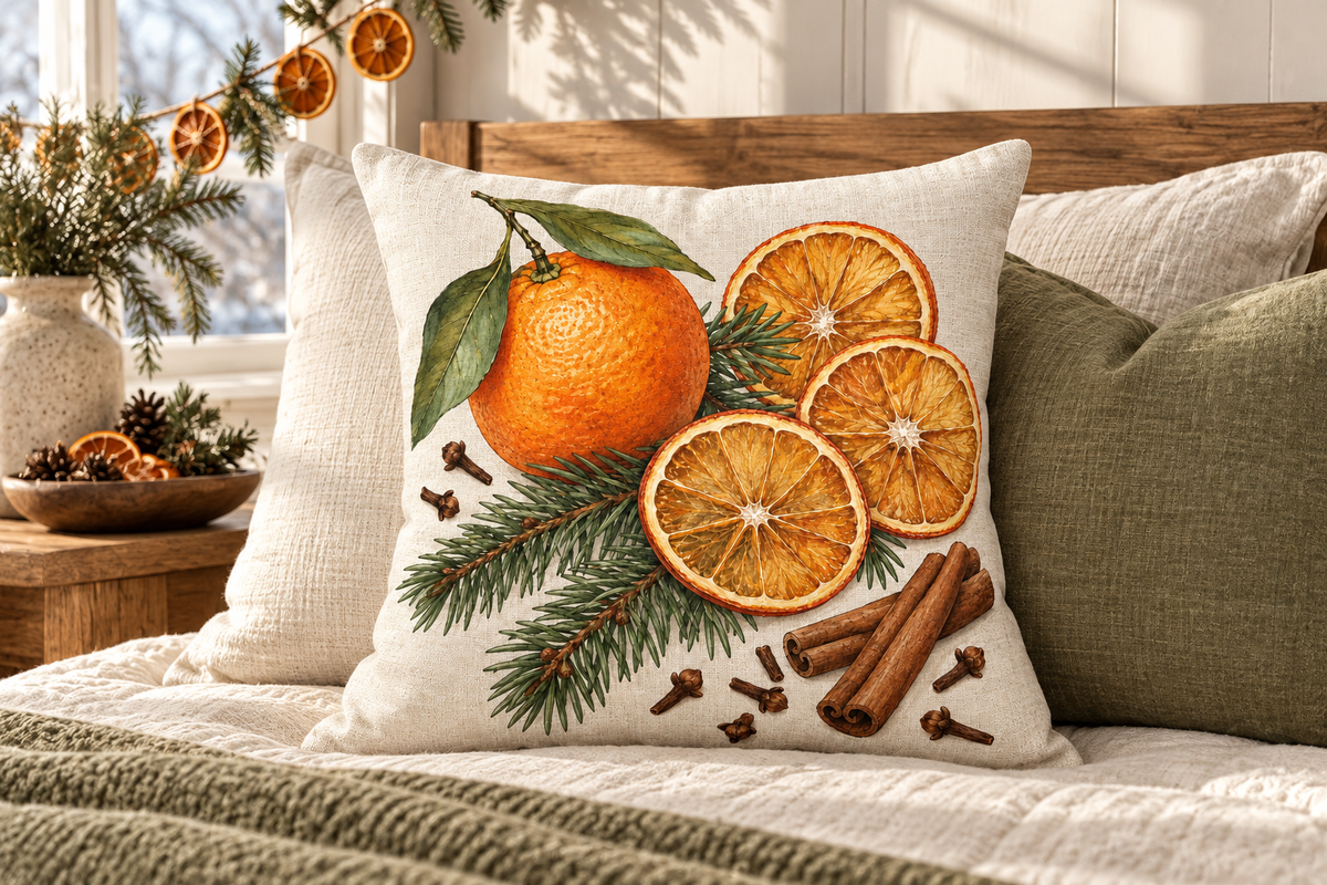 Orange & Clove Christmas Printed Pillow Cover, lifestyle view 3: Centered in front of plain pillows on a neatly made guest bed; eye-level composition, believable 18-inch pillow scale.