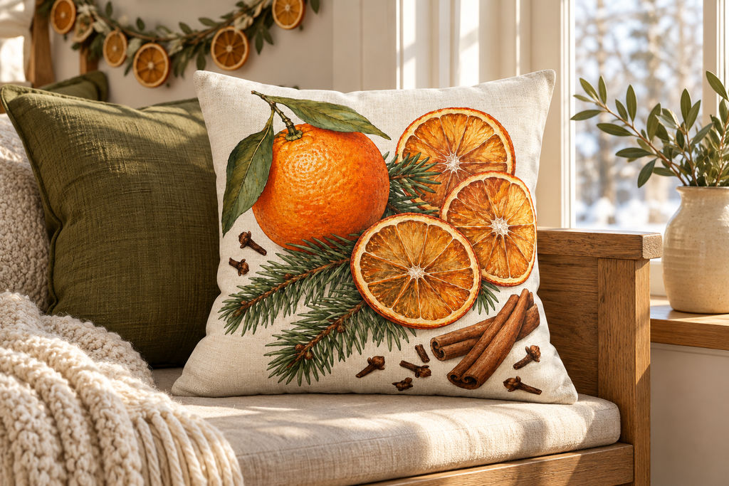 Orange & Clove Christmas Printed Pillow Cover, lifestyle view 4: Close editorial view on an indoor window bench, full pillow and all edges visible, gentle side light reveals the real textile texture.