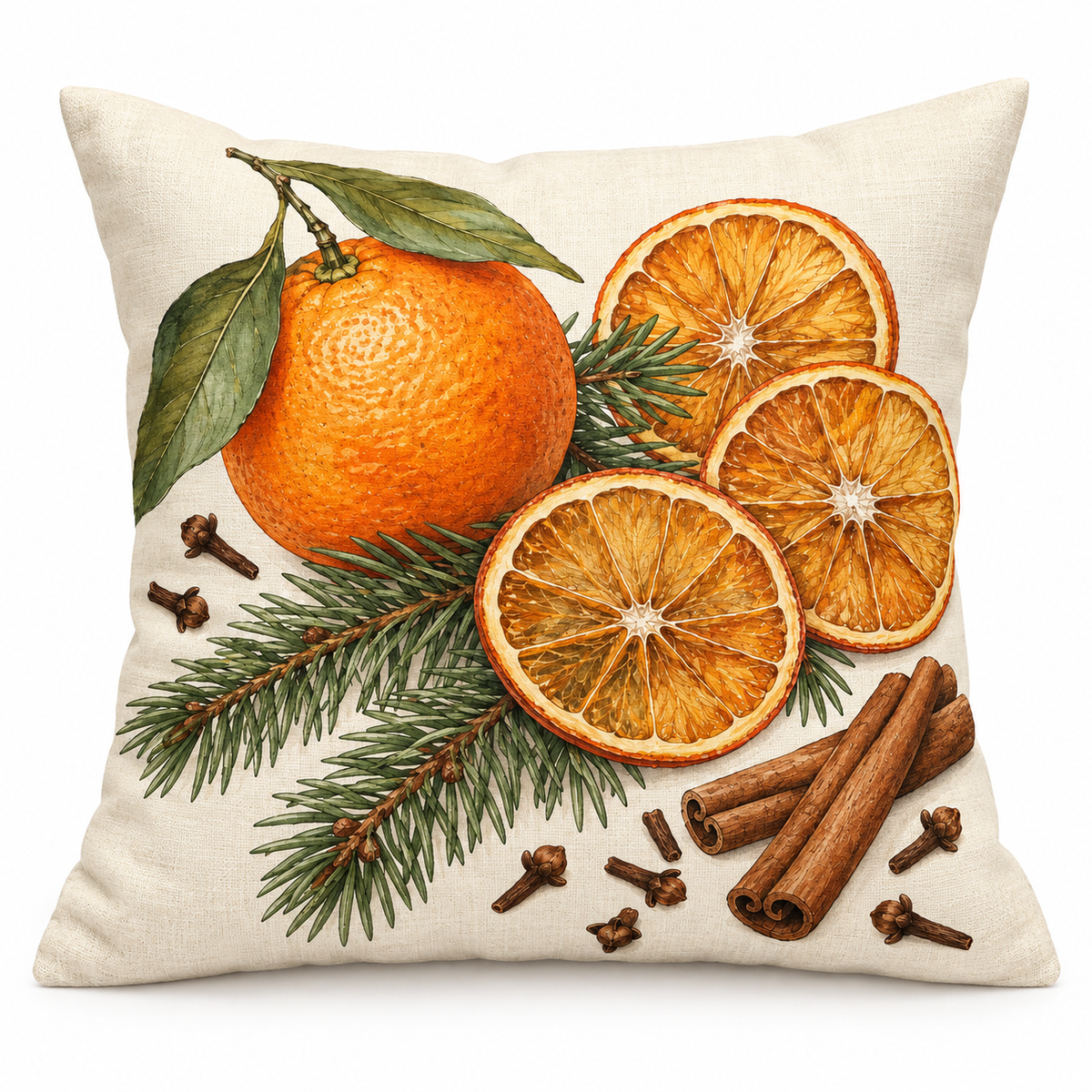 Orange & Clove Christmas Printed Pillow Cover on a white background, showing the complete printed design.