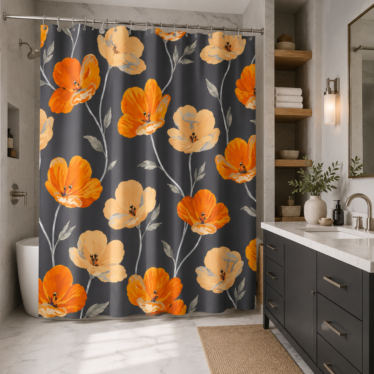 An orange and cream floral print shower curtain on dark grey background, styled in a sleek bathroom with charcoal grey cabinetry, marble floor, and warm sconce light.