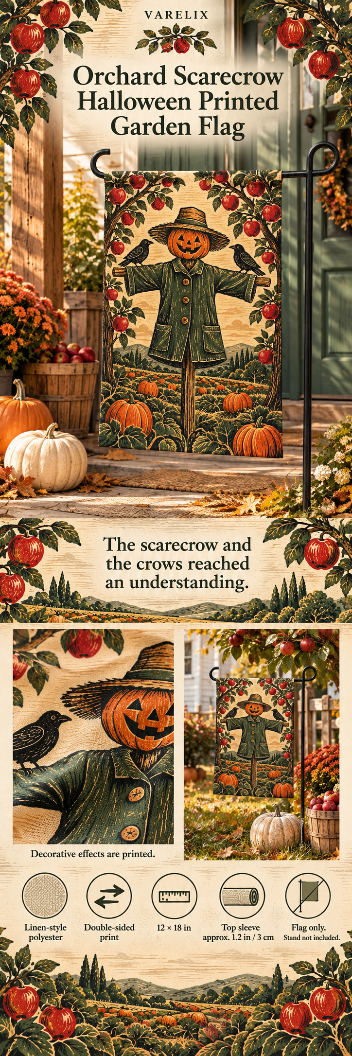 Orchard Scarecrow Halloween Printed Garden Flag by VARELIX, A+ detail poster with verified material, sizes and included items.