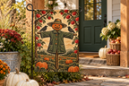 Orchard Scarecrow Halloween Printed Garden Flag, lifestyle view 1: One flag on a simple separate black L-shaped garden stake beside a front porch planter, all of the flag readable, late-afternoon natural light.