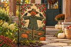 Orchard Scarecrow Halloween Printed Garden Flag, lifestyle view 2: One flag on a separate black garden stake along a short garden path, lower garden view with planting behind; no people, full rectangle visible.