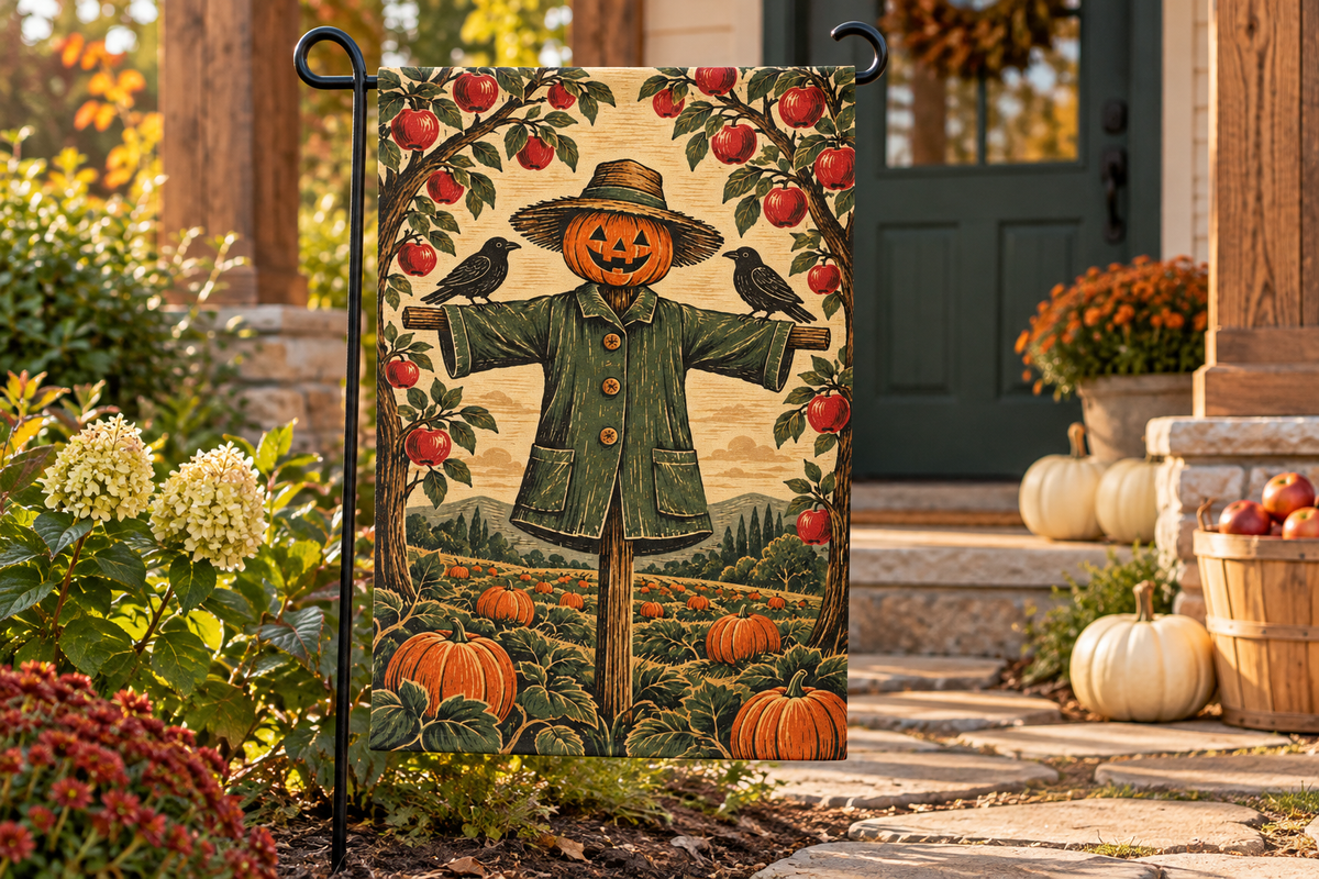 Orchard Scarecrow Halloween Printed Garden Flag, lifestyle view 2: One flag on a separate black garden stake along a short garden path, lower garden view with planting behind; no people, full rectangle visible.