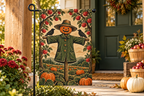Orchard Scarecrow Halloween Printed Garden Flag, lifestyle view 3: Closer view of the flag on its separate black L-shaped stake near a porch post, the real cloth top sleeve threading over the horizontal bar, print clearly readable.