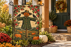 Orchard Scarecrow Halloween Printed Garden Flag, lifestyle view 4: One flag on its separate black garden stake in a mailbox garden with restrained October seasonal planting, wide but product-led welcoming suburban scene.