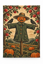 Orchard Scarecrow Halloween Printed Garden Flag on a white background, showing the complete printed design.