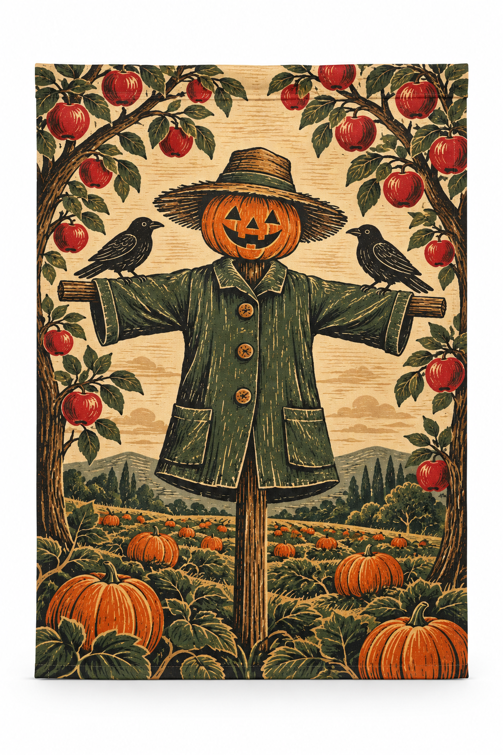 Orchard Scarecrow Halloween Printed Garden Flag on a white background, showing the complete printed design.