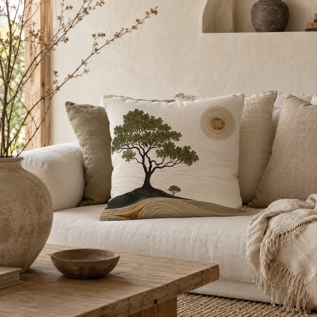A wabi-sabi nature-inspired decorative pillow placed on a soft cream sofa with a textured neutral-colored fringe throw blanket and a rustic wooden coffee table in front.