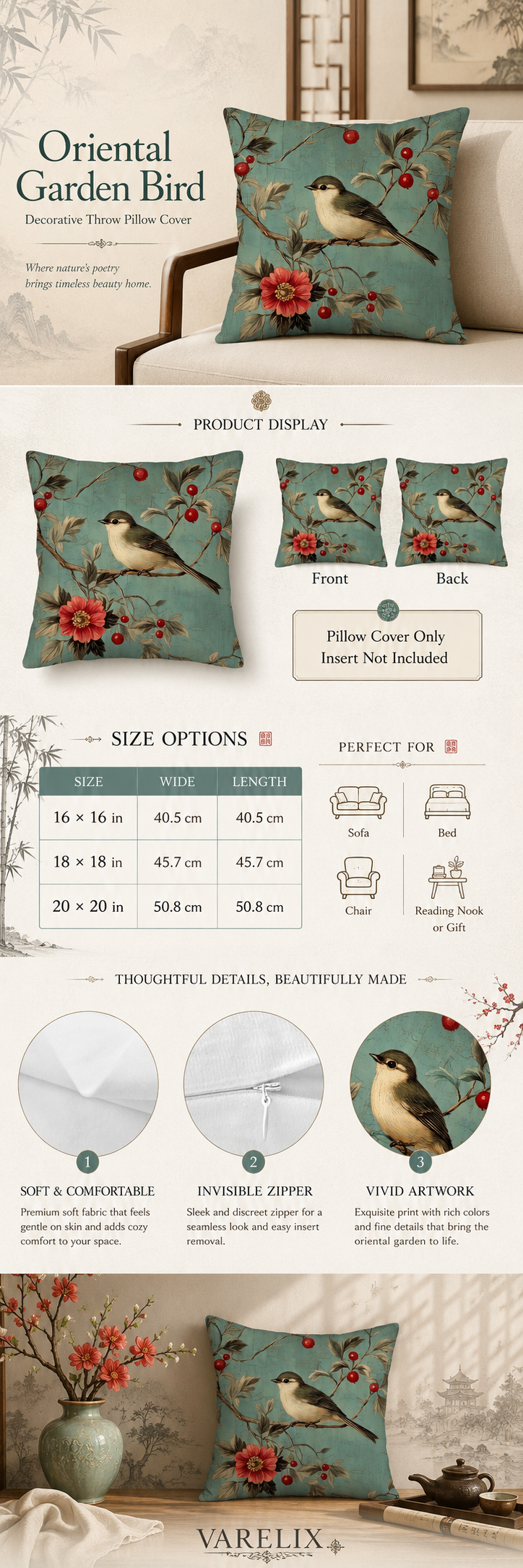 Oriental garden bird pillow cover with elegant botanical artwork design.