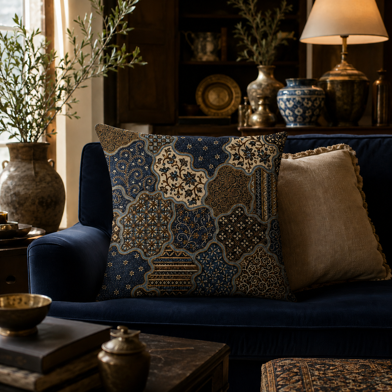 A richly detailed oriental print decorative pillow styled on a luxurious navy blue velvet sofa in a dimly lit, atmospheric living room decorated with ceramic vases.