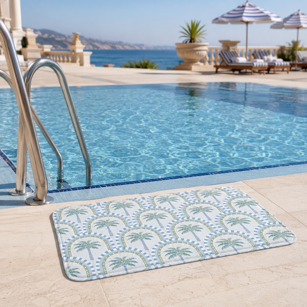A coastal style palm tree patterned mat styled by the edge of an outdoor swimming pool with lounge chairs and beach umbrellas in the background.