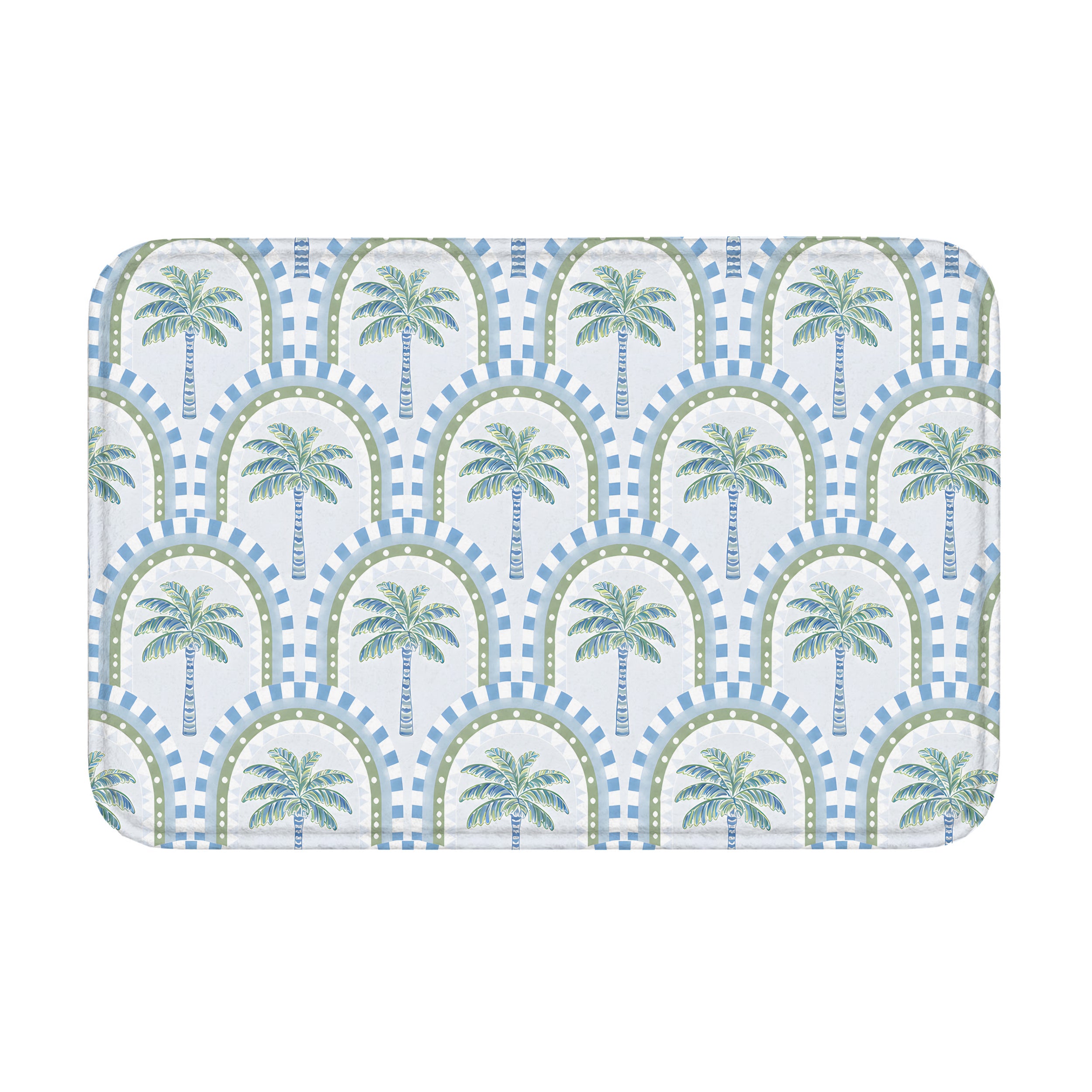 A rectangular bathroom mat featuring a repeating tropical palm tree and geometric arch pattern in soft blue and sage green colors on a white background.