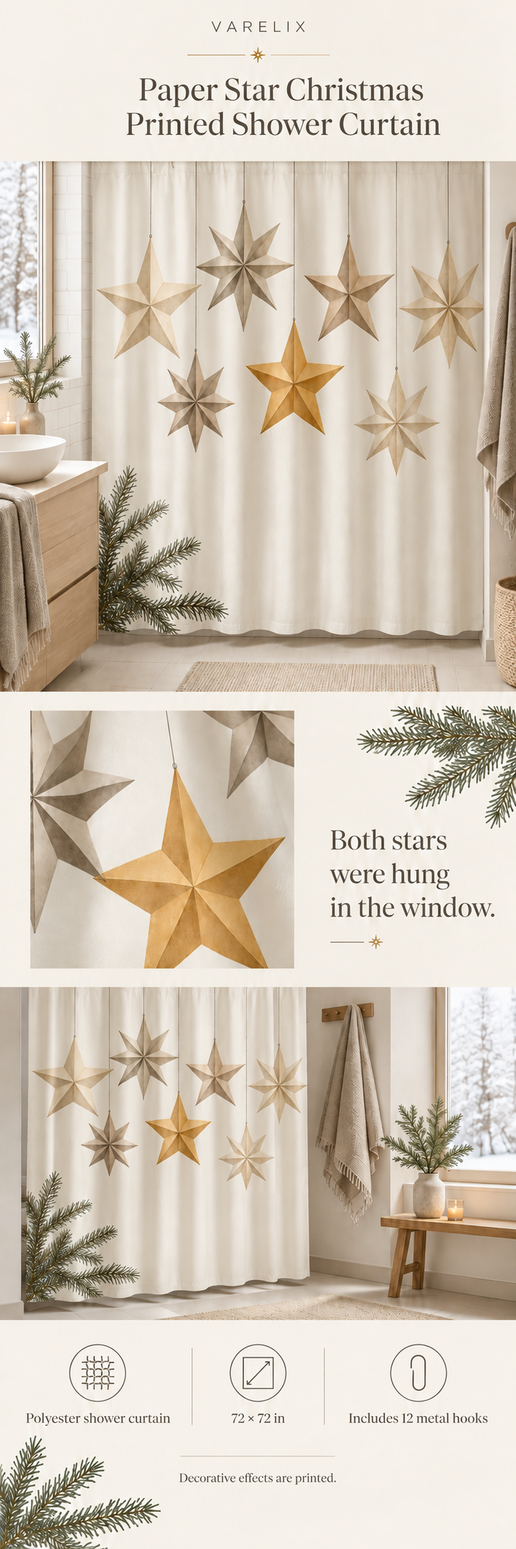 Paper Star Christmas Printed Shower Curtain by VARELIX, A+ detail poster with verified material, sizes and included items.