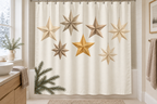 Paper Star Christmas Printed Shower Curtain, lifestyle view 1: Curtain fully drawn across a standard tub, nearly frontal view, entire square print readable, top rail and hooks cropped completely OUT OF FRAME; square print readable; no floor-length distortion.