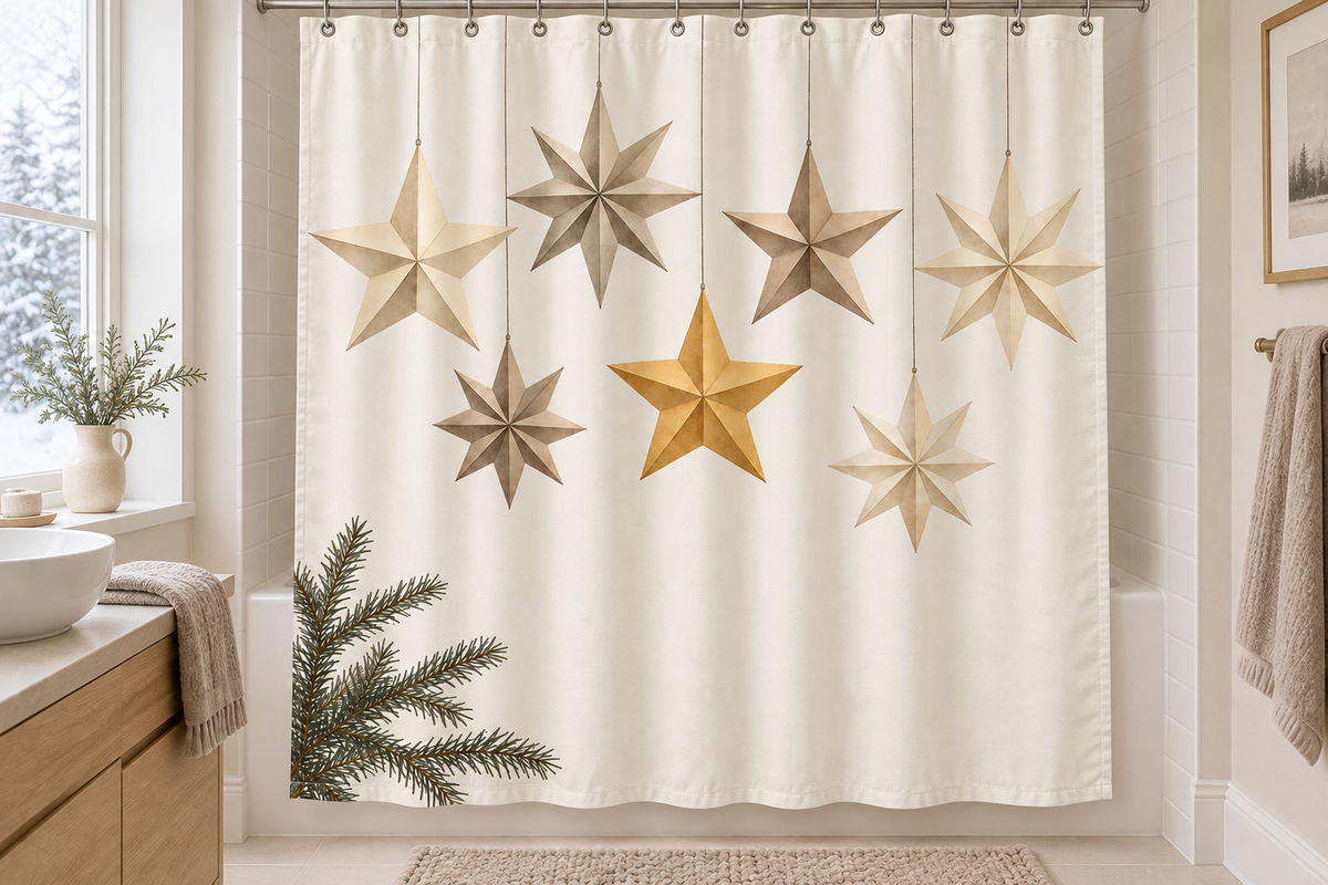 Paper Star Christmas Printed Shower Curtain, lifestyle view 1: Curtain fully drawn across a standard tub, nearly frontal view, entire square print readable, top rail and hooks cropped completely OUT OF FRAME; square print readable; no floor-length distortion.