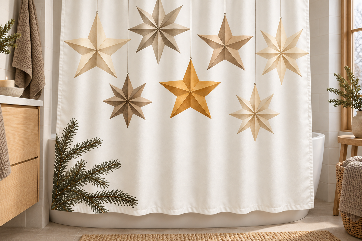Paper Star Christmas Printed Shower Curtain, lifestyle view 2: Three-quarter view of a standard tub and square curtain, upper hardware cropped OUT OF FRAME, full printed motif visible with soft vertical folds, no window or fixture passing through cloth.