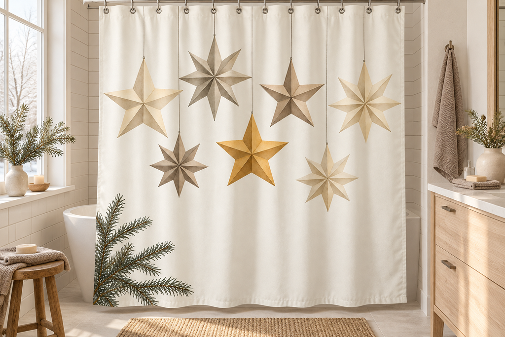 Paper Star Christmas Printed Shower Curtain, lifestyle view 3: A bright bathroom with square curtain as the dominant focal wall, medium-wide editorial view, top hardware deliberately cropped OUT OF FRAME, camera at natural eye level.