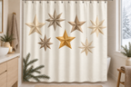 Paper Star Christmas Printed Shower Curtain, lifestyle view 4: Closer front-angle bathroom view focused on the full square printed curtain, restrained surroundings, realistic fabric folds without hiding the central design; top hardware cropped OUT OF FRAME.